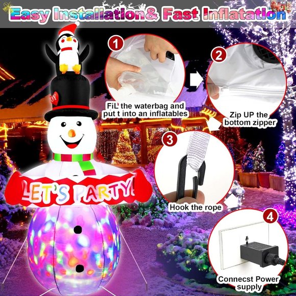 8 FT Christmas Inflatables Colorful Snowman with Penguin& Colorful Rotating LED - Picture 2 of 7